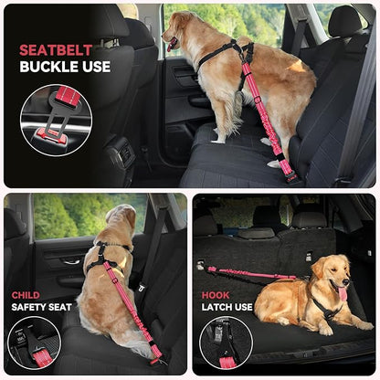 Pawaboo 2Pack Dog Seatbelt for Car, 3-in-1 Dog Seat Belt Bungee, Shockproof Dog Car Tether with Buckle &amp; Hook Latch, Adjustable Reflective Dog Car Harness Leash with 360° Lockable Buckle, Red