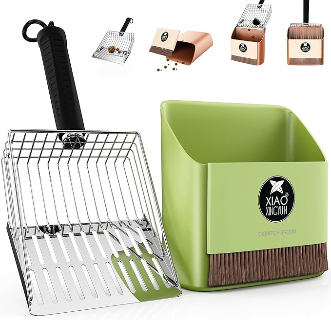 metal Cat Litter Scooper Kit - Durable large steel litter scoop with Dual Grid, Includes Broom &amp; Dustpan for Quick, Easy Cleaning