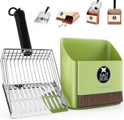 metal Cat Litter Scooper Kit - Durable large steel litter scoop with Dual Grid, Includes Broom &amp; Dustpan for Quick, Easy Cleaning