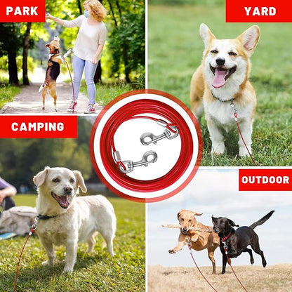 Dog Tie Out Cable 10/15/20/25/30 FT Runner for Yard Steel Wire Cable with Durable Superior Clips Red Chains for Outside Dog Lead for Large Up to 165 Lbs