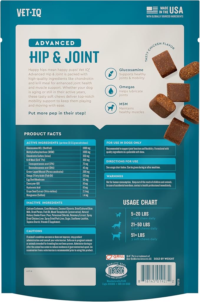VetIQ Advanced Hip &amp; Joint Chews For Dogs, 60 Count, Chicken Flavored Supplements Made with Glucosamine, Omega 3’s, Chondroitin, MSM &amp; Green Lipped Mussel, Increases Mobility &amp; Maintains Muscles