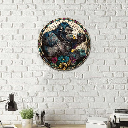 Lygond Metal Sign Tin Sign Circular Stained Glass Gorilla Wall Art for Club 12×12 Inches