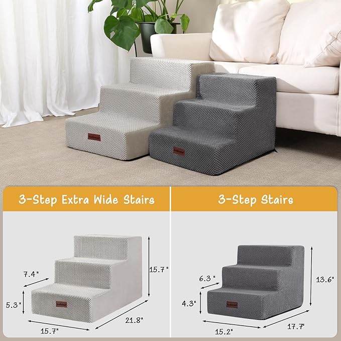 Dog Stairs for Small Dogs &amp; Cats, 3-Step Extra Wide Non-Slip Pet Steps for Couch Sofa and Chair, Light Grey, 15.7" H