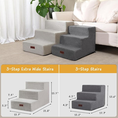 Dog Stairs for Small Dogs &amp; Cats, 3-Step Extra Wide Non-Slip Pet Steps for Couch Sofa and Chair, Light Grey, 15.7" H