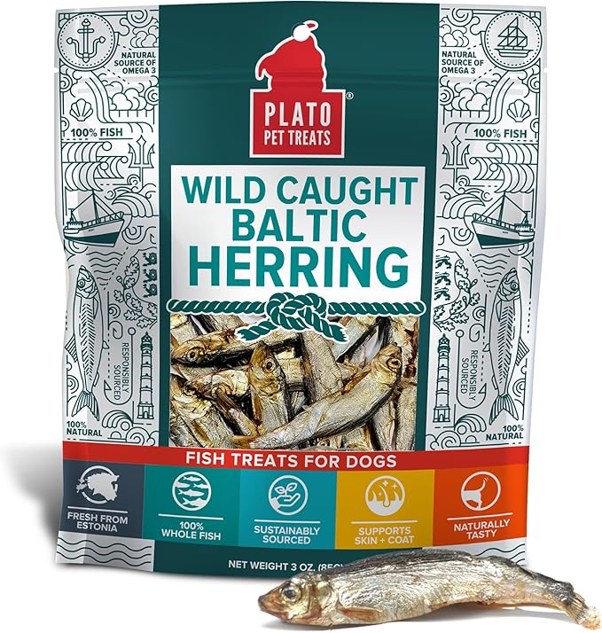 PLATO Pet Treats Fish Dog Treats - Air-Dried, Single Ingredient Dog Treat - with Omega 3 &amp; 6 Fatty Acids to Support Skin and Coat - 100% Whole Fish - Wild Caught Baltic Herring Dog Treats - 3oz