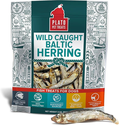 PLATO Pet Treats Fish Dog Treats - Air-Dried, Single Ingredient Dog Treat - with Omega 3 &amp; 6 Fatty Acids to Support Skin and Coat - 100% Whole Fish - Wild Caught Baltic Herring Dog Treats - 3oz