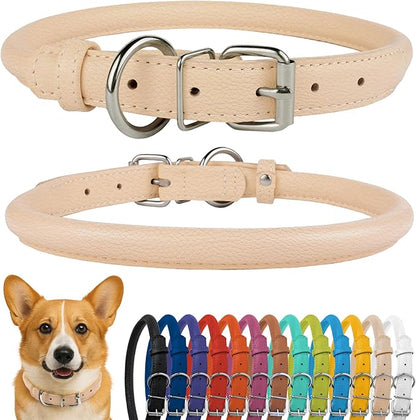 CollarDirect Rolled Leather Dog Collar, Soft Padded Round Puppy Collar, Handmade Genuine Leather Collar Dog Small Large Cat Collars 13 Colors (11-14 Inch, Beige Textured)
