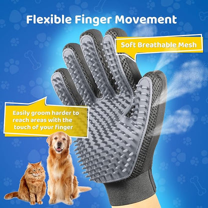 Upgrade Version Pet Grooming Glove - Gentle Deshedding Brush Glove - Efficient Pet Hair Remover Mitt - Enhanced Five Finger Design - Perfect for Dog &amp; Cat with Long &amp; Short Fur - 1 Pair (Gray)