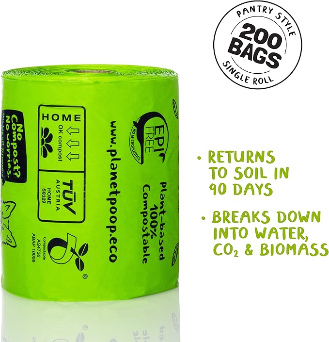 PLANET POOP Home Compostable Dog Poop Bags Extra Long with Handles | Large Single Roll 200 Grab &amp; Go | Un-scented Dog Waste Bag | Leakproof Doggy &amp; Cat Bags | Plant-Based Pet Supplies