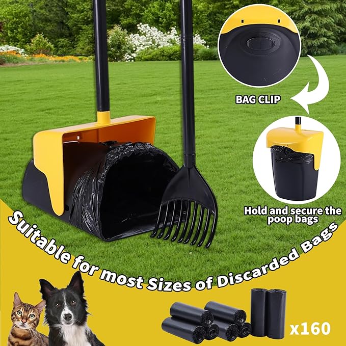 Pooper Scooper Large Swivel Bin &amp; Rake with 160 Waste Bags,Heavy Duty Dog Pooper Scooper with Bag Attachment for Large Small Dogs, Long Handle Poop Scooper with Lid for Yard, Grass, Gravel (Yellow)