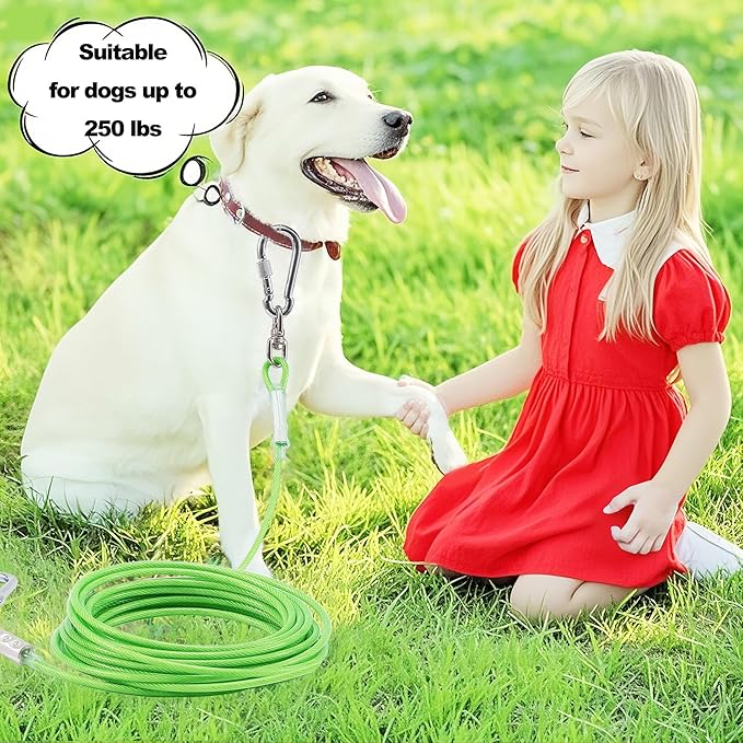 Dog Tie Out Cable for Outside,20FT Heavy Duty Dog Leash&amp;Chains with Swivel Hook,Small-Large Dogs Runner Cable Up to 250lbs, Long Dogs Lead Line for Yard Outdoor and Camping (250lbs 20FT, Green)