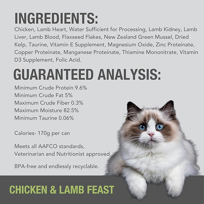 Feline Natural New Zealand Canned Catfood Wet Food, High-Meat, Low-Carb, &amp; Grain Free Cat Food Wet, Chicken and Lamb Feast, 6 oz, Pack of 12