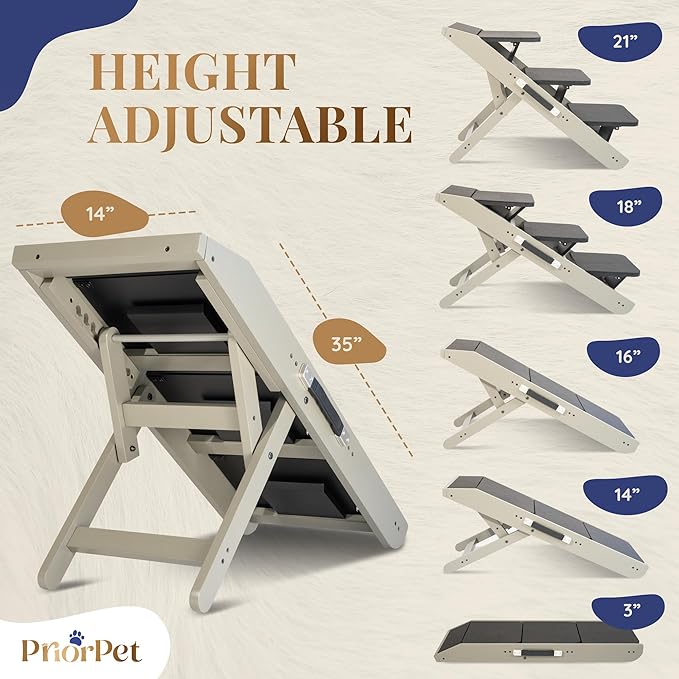 Dog Steps for Bed &amp; Couch 2-in-1 Dog Stairs/Ramp - Height Adjustable Dog Ramp for Couch 7” - 20” - Pet Stairs, Dog Stairs for Small Dogs - Easy to Move Pet Steps with Landing Platform, Gray