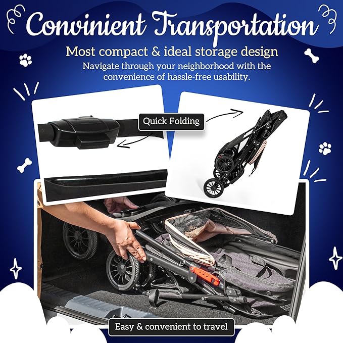 Pet Stroller with 4 Rolling Casters for Pets – Lightweight Multifunctional Travel Stroller with Mesh Windows, Cup Holder, Sun Shades &amp; Storage Pocket for Puppy and Kitty