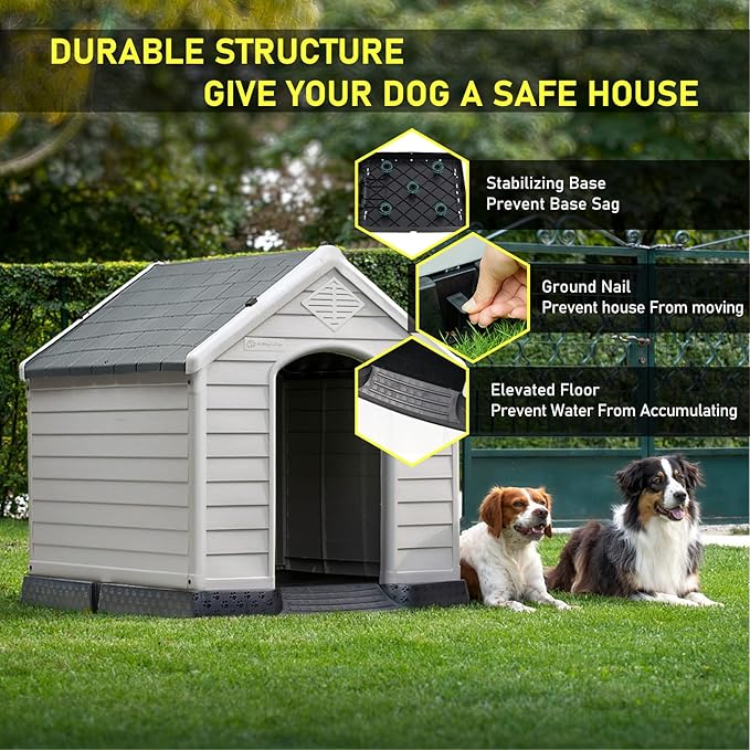 LEMBERI Durable Waterproof Plastic Dog House for Small to Large Sized Dogs, Indoor Outdoor Doghouse Puppy Shelter with Elevated Floor, Easy to Assemble (Gray, 42&