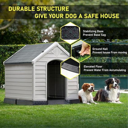 LEMBERI Durable Waterproof Plastic Dog House for Small to Large Sized Dogs, Indoor Outdoor Doghouse Insulated Puppy Shelter with Elevated Floor, Easy to Assemble (Gray, 34&