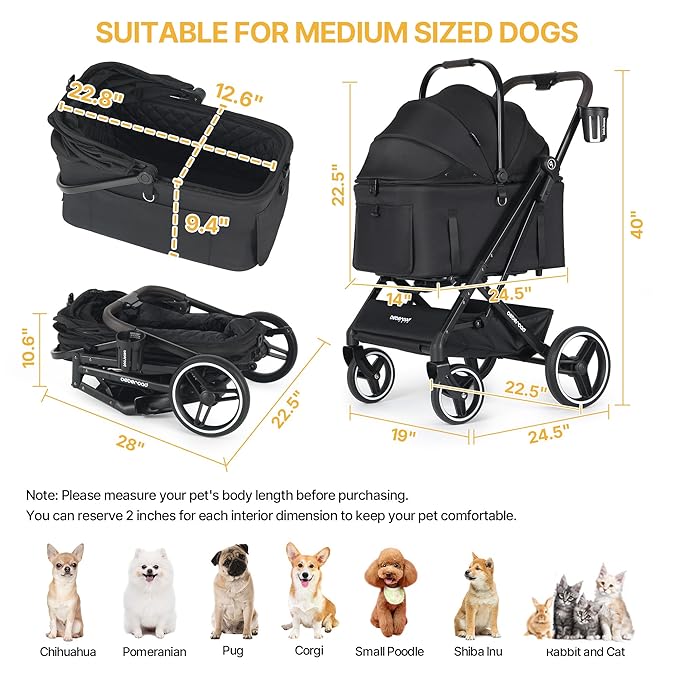 X3 2 in 1 Pet Stroller for Medium or Two Small Dogs &amp; Cats 4 Wheels Lightweight Foldable Carrier Dog Stroller with Waterproof Weather Cover Cup Holder,Storage Basket(Black)