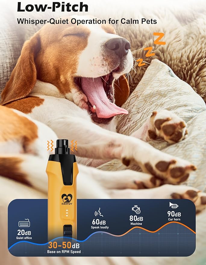 Casfuy 6-Speed Dog Nail Grinder – 50%+ Boost Power Dog Nail Trimmers Quiet with Dust Cap &amp; 2 LED Lights &amp; 2000mAh Battery &amp; 4.8V Motor Electric Pet Toenail File Tool for Large Medium Small Dogs Cats