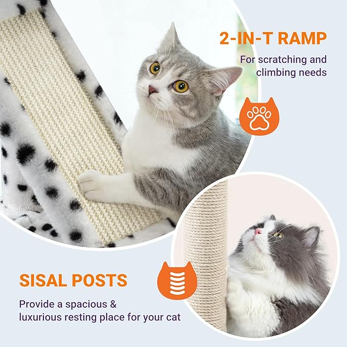Allewie 81 Inches Tall Cat Tree/Multi-Level Large Climbing Tree House and Towers for Big Feline/Condo and Hammock/Scratching Post/Wide Base/White &amp; Black Spot