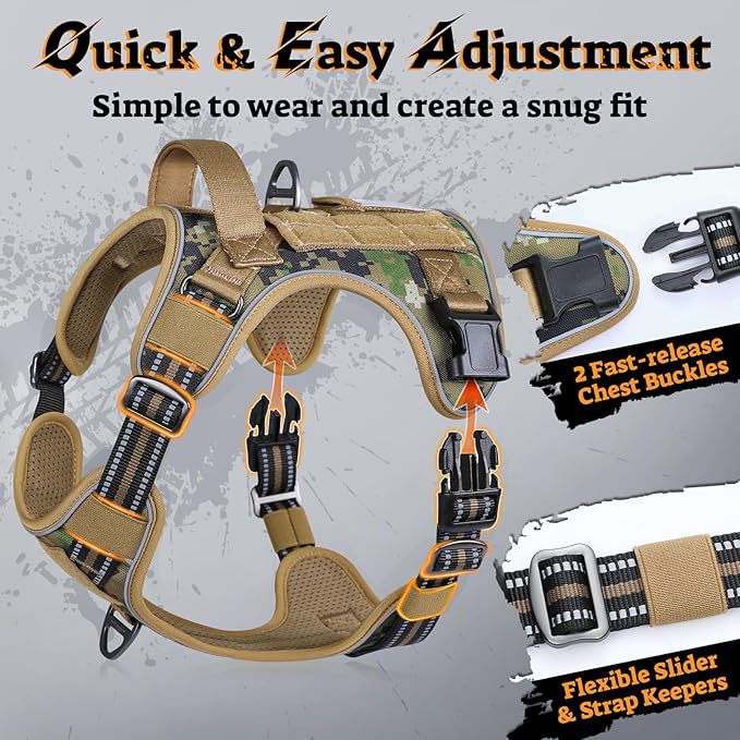 rabbitgoo Dog Harness for Large Dogs No Pull, Tactical Service Pet Vest with Molle and Control Handle, Adjustable and Reflective Military Harness for Easy Walking and Training, Brown camo, L