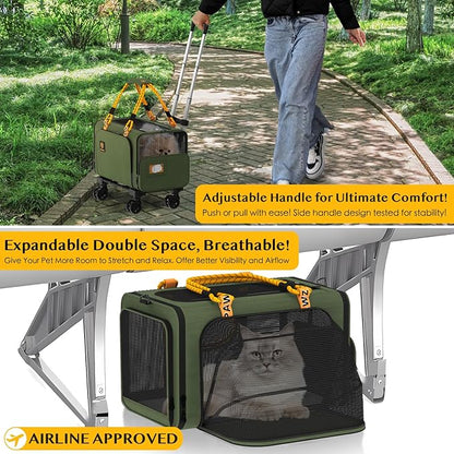 PAWZIDEA Expandable Pet Carrier with Wheels, 18X11X11 TSA Airline Approved Cat Carrier w/ID Card for 2 Cats, Small Dog Carrier Car Seat Travel Bag, Max Weight Recommendation 18 lbs，Green