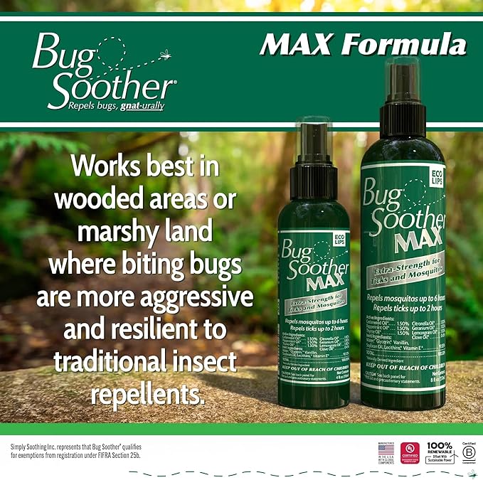 Bug Soother MAX - Extra Strength Natural Gnat, Tick, and Mosquito Repellent, 3 Pack 4 fl oz w/Free 1 oz. Bug Spray Deterrent - DEET Free - Safe for Adults &amp; Environment - Made in USA