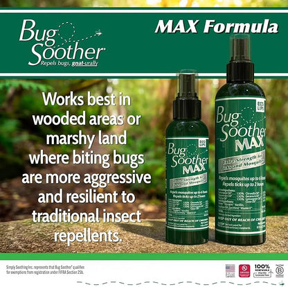 Bug Soother MAX - Extra Strength Natural Gnat, Tick, and Mosquito Repellent, 3 Pack 4 fl oz w/Free 1 oz. Bug Spray Deterrent - DEET Free - Safe for Adults &amp; Environment - Made in USA