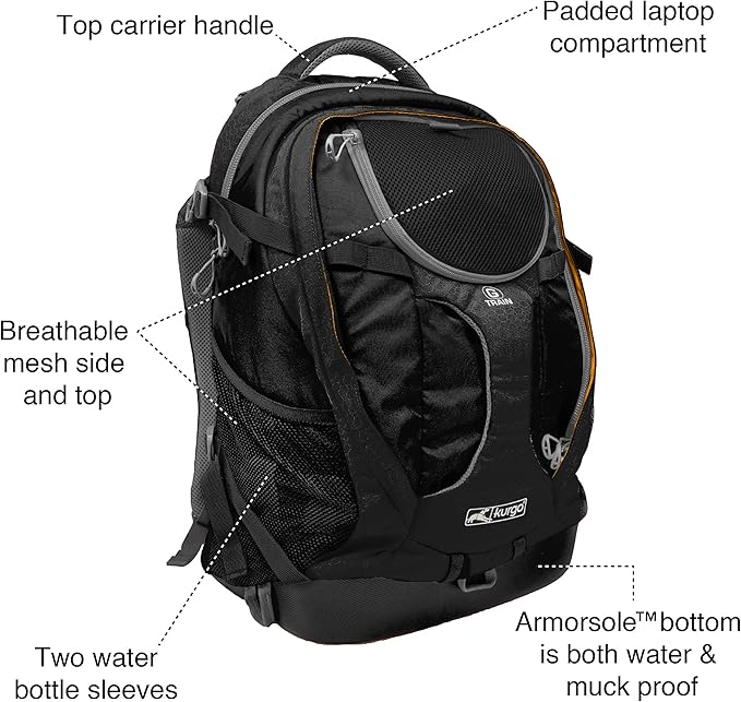 Kurgo G-Train - Dog Carrier Backpack for Small Pets - Cat &amp; Dog Backpack for Hiking, Camping or Travel - Chest Straps &amp; Hip Belt - Reflective - Two Water Bottle Sleeves - Waterproof Bottom (Black)