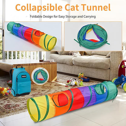 iCAGY 25-Piece Cat Toys Kit with Rainbow Tunnel - Interactive Cat Toy Bundle for Indoor Cats, Kitten Playtime Variety Set Includes Feather Teaser, Springs, Balls, Mice &amp; Noise Toys