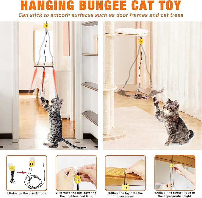 JXFUKAL Interactive cat Toy, Automatic Cat Wand Toy with Stable Wooden Base, 2 PCS Detachable Cat Teaser, 5PCS Refills Replacement &amp; Hanging Cat Toy, Kitty Kitten Toys Cat Feather Spring String Toy