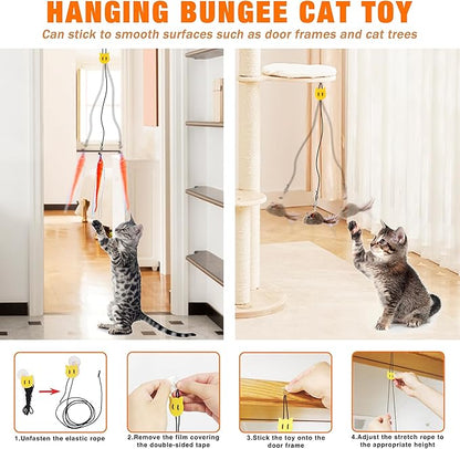 JXFUKAL Interactive cat Toy, Automatic Cat Wand Toy with Stable Wooden Base, 2 PCS Detachable Cat Teaser, 5PCS Refills Replacement &amp; Hanging Cat Toy, Kitty Kitten Toys Cat Feather Spring String Toy
