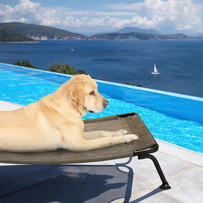 Veehoo Outdoor Elevated Dog Bed, Cooling Raised Dog Cots Beds for Large Dogs, Portable Waterproof Curved Dogs Hammock Bed for Outside, up to 120lbs, Black Legs, Brown 42"