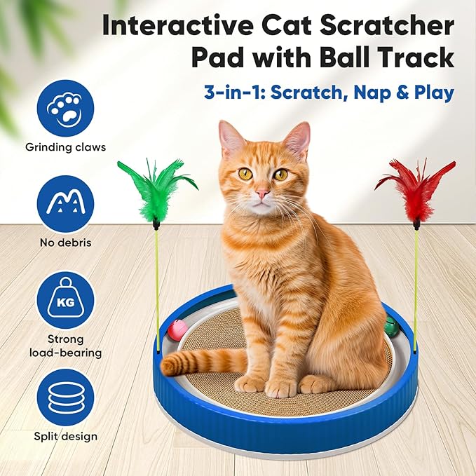 20-Inch Round Cat Scratcher with Ball Track – 3-in-1 Cardboard Scratching Pad with Feather Toy &amp; Non-Slip Base – Interactive Cat Toy for Indoor Cats, Kittens &amp; Large Cats (Blue)