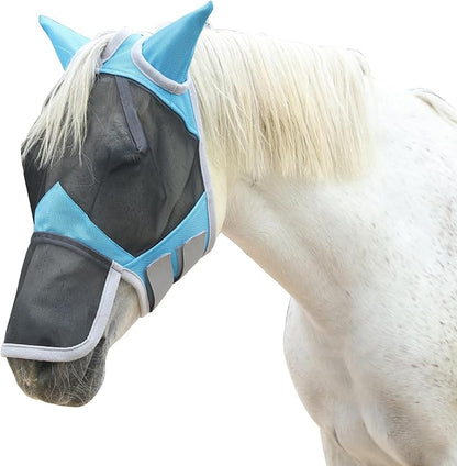 Horse Fly Mask with Ears &amp; Long Nose Cover | Forelock Opening for Tangle-Free Mane Care | UV Protection &amp; Breathable Mesh | No Rub Fit and Enhanced Visbility for Trail Riding Paleblue Full