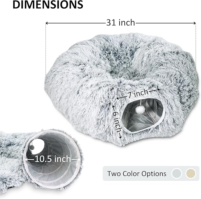 Cat Donut Bed with Washable Cushion – Cat Caves for Indoor Cats – Collapsible Donut Bed with Peekaboo Pet Tunnel &amp; Tunnel Toy – Cozy Hideout for Kittens, Ferrets, Rabbits &amp; Dogs – Grey