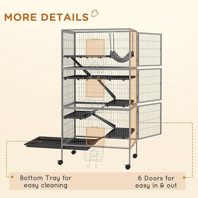 PawHut 63" 6-Tier Small Animal Cage, Ferret Cage, Large Chinchilla Cage with Hammock Accessory &amp; Heavy-Duty Steel Wire, Small Animal Habitat with 6 Doors, Removable Tray, Gray