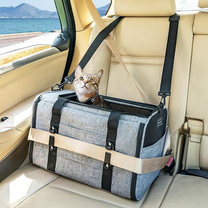 PETSFIT Soft-Sided Cat Carriers &amp; Car Seats with Patent Safe Buckles, Clip-On Harness，18"x11"x11" Airline Approved Pet Carrier - 9 lbs Capacity,Grey
