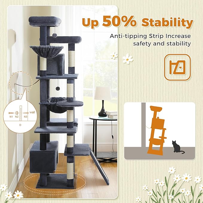 81 Inch Tall Cat Tree for Big Cats &amp; Multi-Cat Homes, Large Heavy Duty Cat Tower with Metal Frame Hammock, 6 Scratching Posts, 2 Condos, 2 Perches, Scratching Pad - Dark Grey