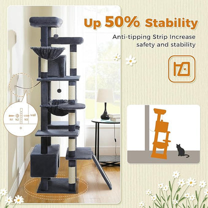 81 Inch Tall Cat Tree for Big Cats &amp; Multi-Cat Homes, Large Heavy Duty Cat Tower with Metal Frame Hammock, 6 Scratching Posts, 2 Condos, 2 Perches, Scratching Pad - Dark Grey