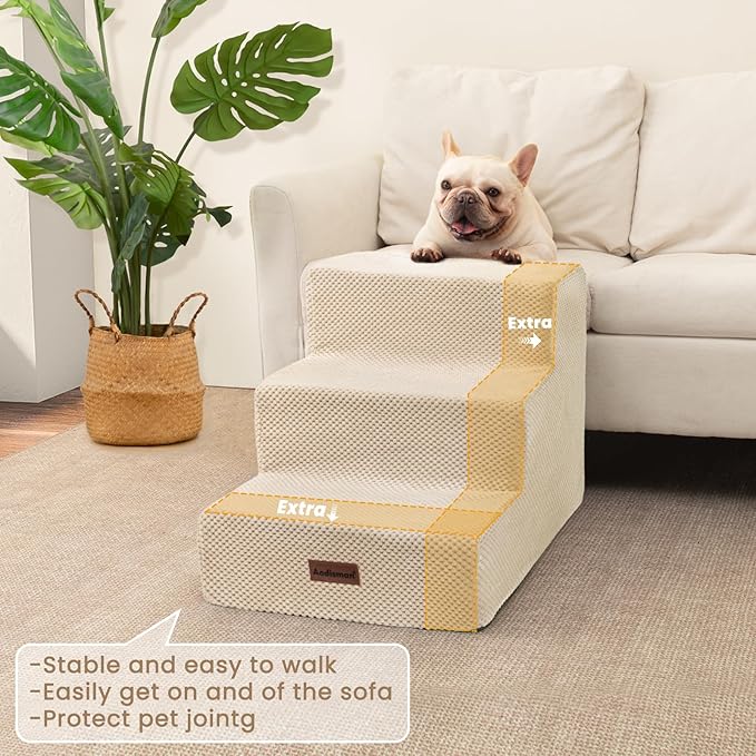 Dog Stairs for Small Dogs &amp; Cats, 3-Step Extra Wide Non-Slip Pet Steps for Couch Sofa and Chair, Beige, 15.7" H