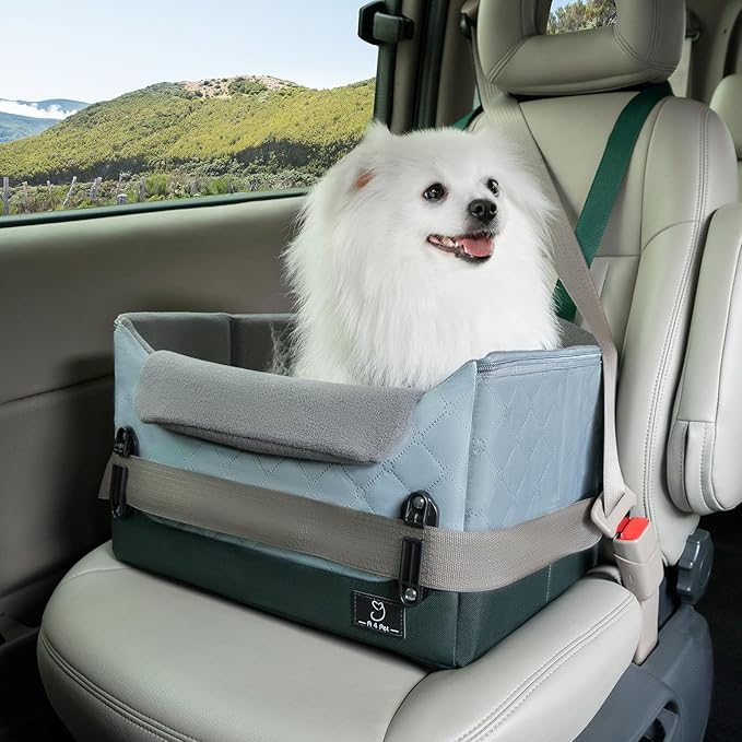 A 4 Pet Dog Car Seats for Small Dogs, Booster Car Seat with Patent Buckles &amp; Clip-On Safety Leash, Pet Seat for Puppy Small Dogs Cats Under 25 Lbs, Green