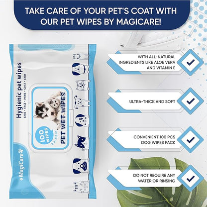 MAGICARE Pet Wipes – 100 pcs Dog Wipes – 8x8 Inch Unscented Dog Paw Cleaner Wipes for Body, Ears, Face, and Skin – Ultra Thick and Soft with Hypoallergenic Formula – Ideal Pet Wipes for Dogs &amp; Cats