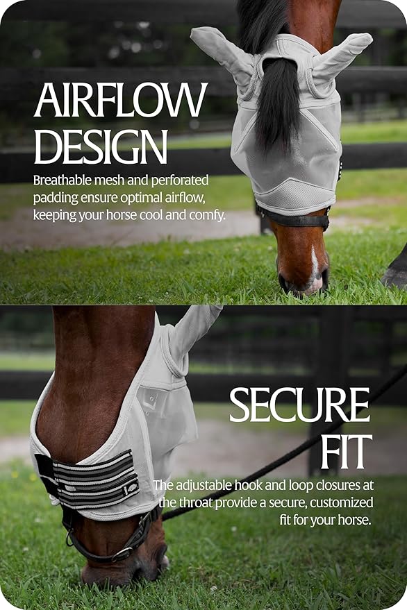 Equinavia Algard Soft Mesh Horse Fly Mask with Ear Protection and 45 UPF Rating | No Eye Irritation &amp; UV Protection - Silver - Warmblood