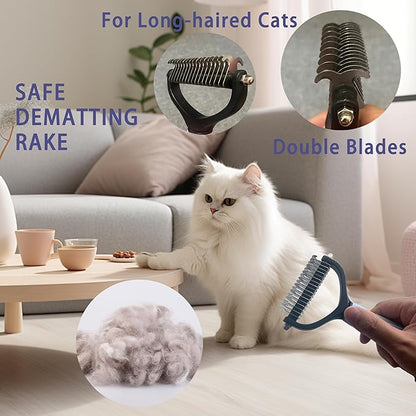 Cat Grooming Brush Kit 6 Tools - Deshedding &amp; Dematting for Long/Short Hair, Self-Cleaning Slicker Brush with 6-in-1 Flea Comb for Cats &amp; Kittens (Blue)