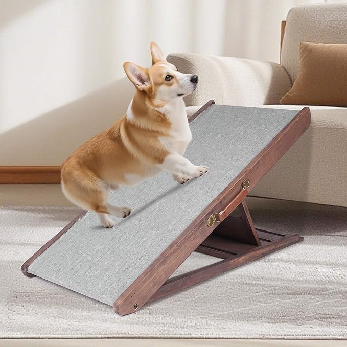 Folding Dog Ramp for Bed, Couch, Car, SUV &amp; RV - Adjustable 4 Heights (12.2"-19.2"), 35.4" Long Wooden Pet Ramp with Non-Slip Mat &amp; Safety Rails - Supports Pets up to 200 lbs
