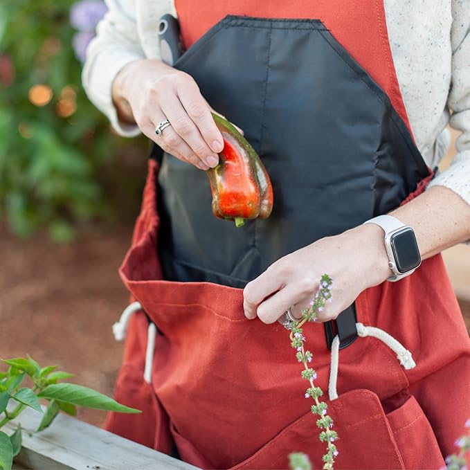 Roo Gardening Apron with Pockets &amp; Harvesting, Picking Pouch - Adjustable, Water-resistant, Washable Canvas Cotton