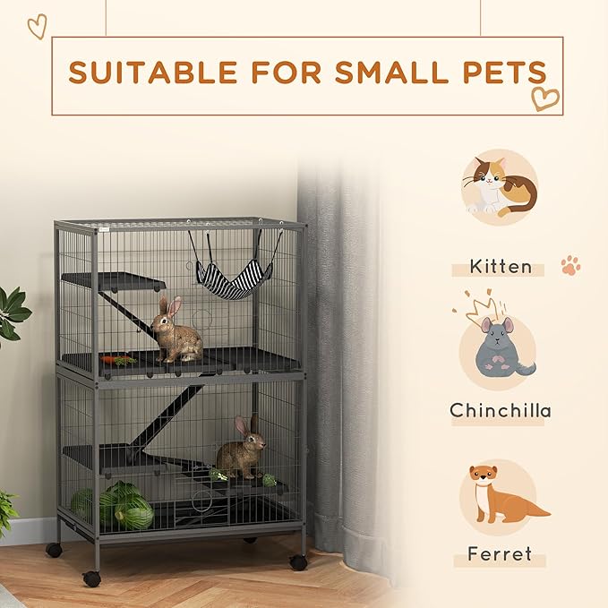 PawHut 50" 5-Tier Small Animal Cage, Ferret Cage, Large Chinchilla Cage with Hammock Accessory &amp; Heavy-Duty Steel Wire, Small Animal Habitat with 4 Doors, Removable Tray, Gray