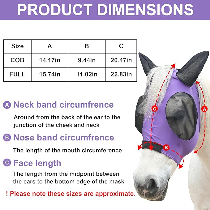 Stretchy Horse Fly Mask for Horses, Soft Lycra Equine Mesh Mask, Elasticity Horse Face Covering, Breathable&amp;UV Protection, Violet, Full
