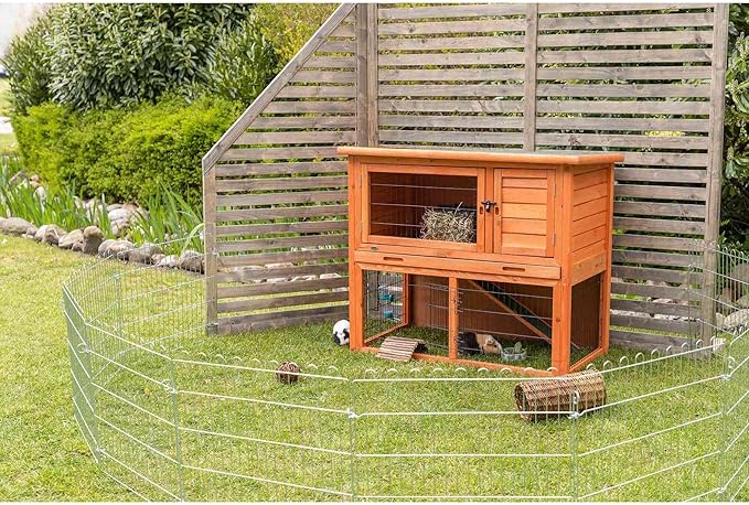 TRIXIE natura Outdoor Rabbit Hutch with Run - 2-Story Rabbit Cage with Non-Slip Ramp - Medium Elevated Small Animal House with Secure Playpen, Hinged Roof &amp; Pull-Out Tray - in Brown