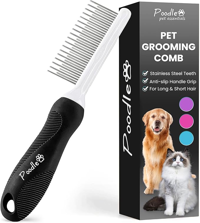 POODLIE Poodle Pet Dog Combs for Grooming Matting - Metal Comb for Dogs with Long &amp; Short Stainless Steel Teeth - Dematting Comb for Cats to Remove Matted Hair &amp; Knots, Black